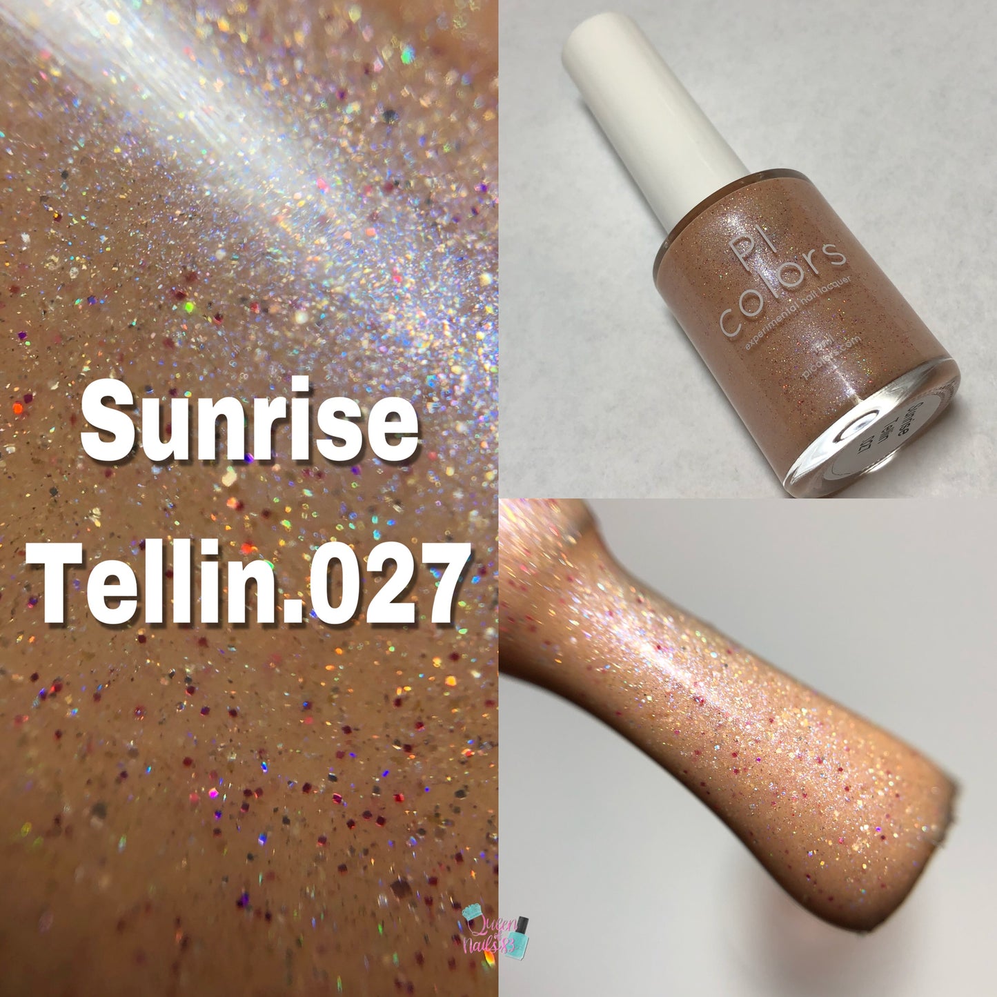 A collage features a bottle of pale orange polish labeled "PI Colors" and "Sunrise Tellin.027." Close-up images display its holographic glitter, producing a mesmerizing texture with multicolored sparkles.