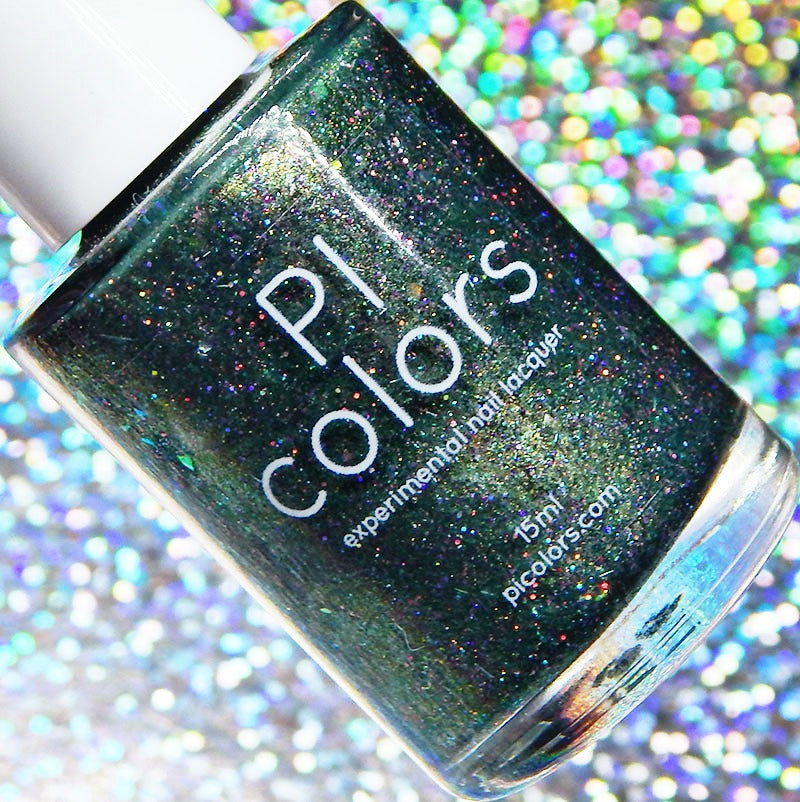 A bottle of PI Colors' Phasers on Stun.078 Green Nail Polish with shimmering iridescent flakes is set against a glittery holographic background. The label reads "experimental nail lacquer" and displays the website "picolors.com.