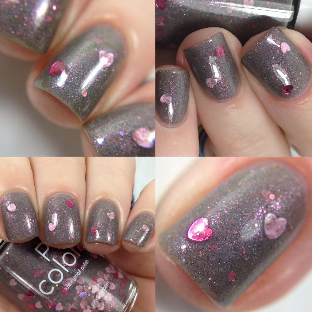 Close-up collage of Chaos Heart.000 Gray Nail Polish by PI Colors, embellished with pink holographic glitters and red heart-shaped confetti. The glossy polish sparkles elegantly on fingernails depicted from four angles, with a bottle showcasing the same delightful chaos of glittering hearts.