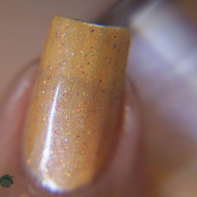 A close-up of a fingernail adorned with PI Colors' Sunrise Tellin.027 Pale Orange Nail Polish, showcasing its warm, shimmery peachy orange hue and subtle holographic glitter, all accentuated by a glossy finish against a blurred background that enhances the texture and color of the nail.