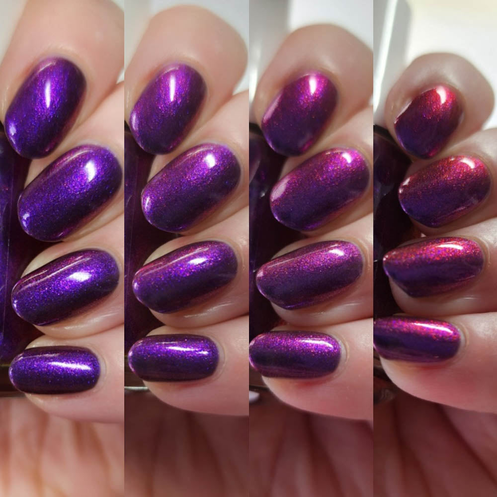 Four images display a hand with nails painted in gradient metallic from deep purple to bright pink using PI Colors' "Danbury Does It.000." The 10-free formula enhances the shimmering, glossy texture of this purple multichrome nail polish.