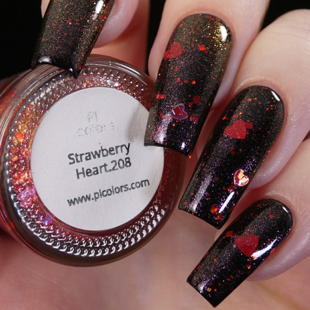 In the image, a hand displays nails adorned with glossy black polish, enhanced by red glitter and holographic hearts. Beside it is a small jar labeled "Strawberry Heart.208 Red Nail Polish Topper" from PI Colors, featuring a 10-free formula designed for the most discerning nail enthusiasts.