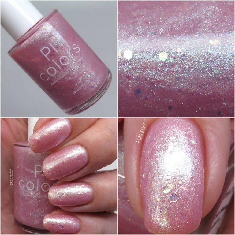 Collage featuring a shimmery pastel pink jelly nail polish. Top left: the bottle labeled "PI Colors - Pink Candy." Top right: a close-up highlighting iridescent glitter. Bottom left: polished nails holding the Pink Candy bottle. Bottom right: a close-up of nails showcasing sparkling detail, reminiscent of Pink Candy.