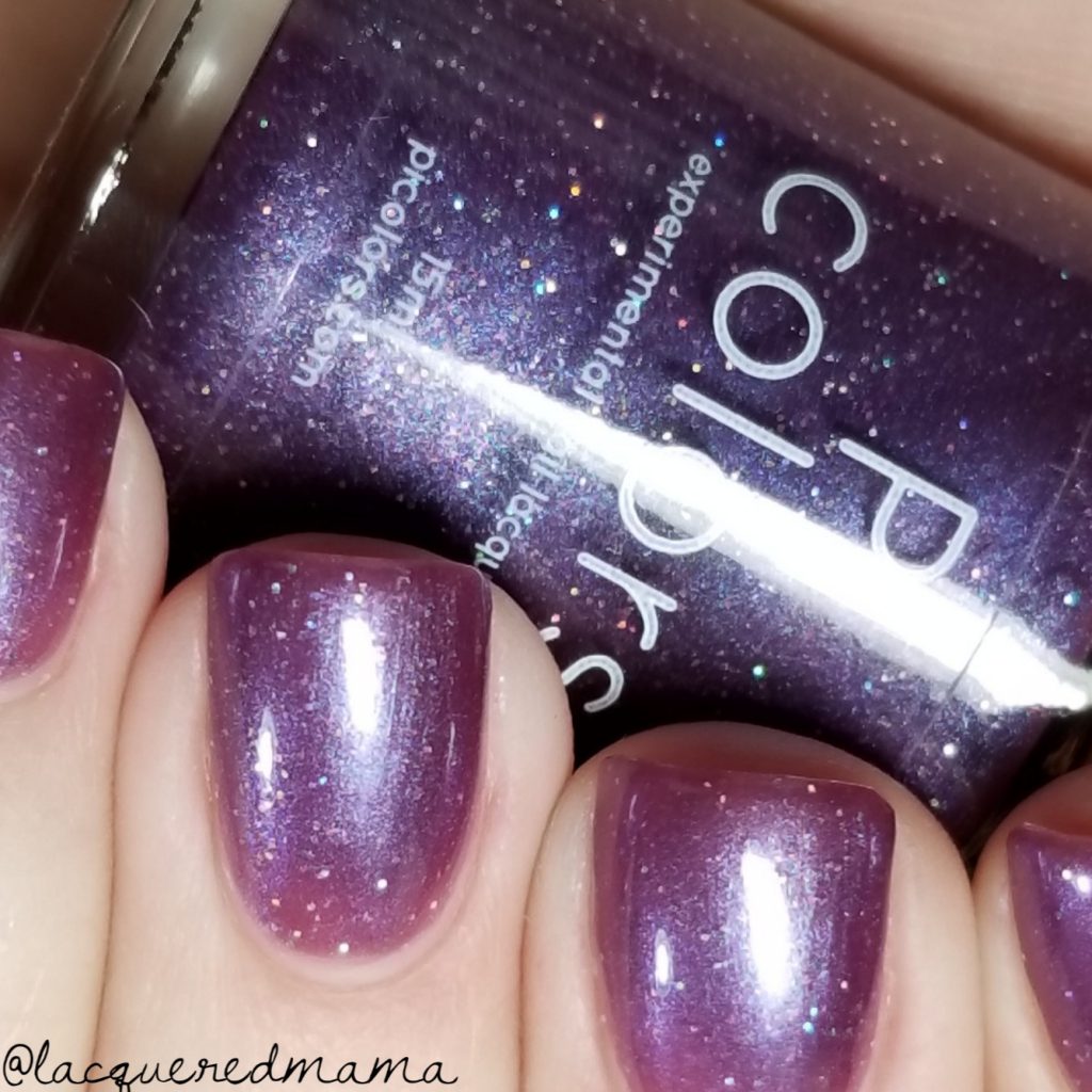 Close-up of fingernails painted with PI Colors' Blackberry Dreams.015, a shimmery red purple nail polish. The nails are glossy, and the polish contains subtle rainbow glitter. A matching bottle of this 10-free nail polish is partially visible in the background.