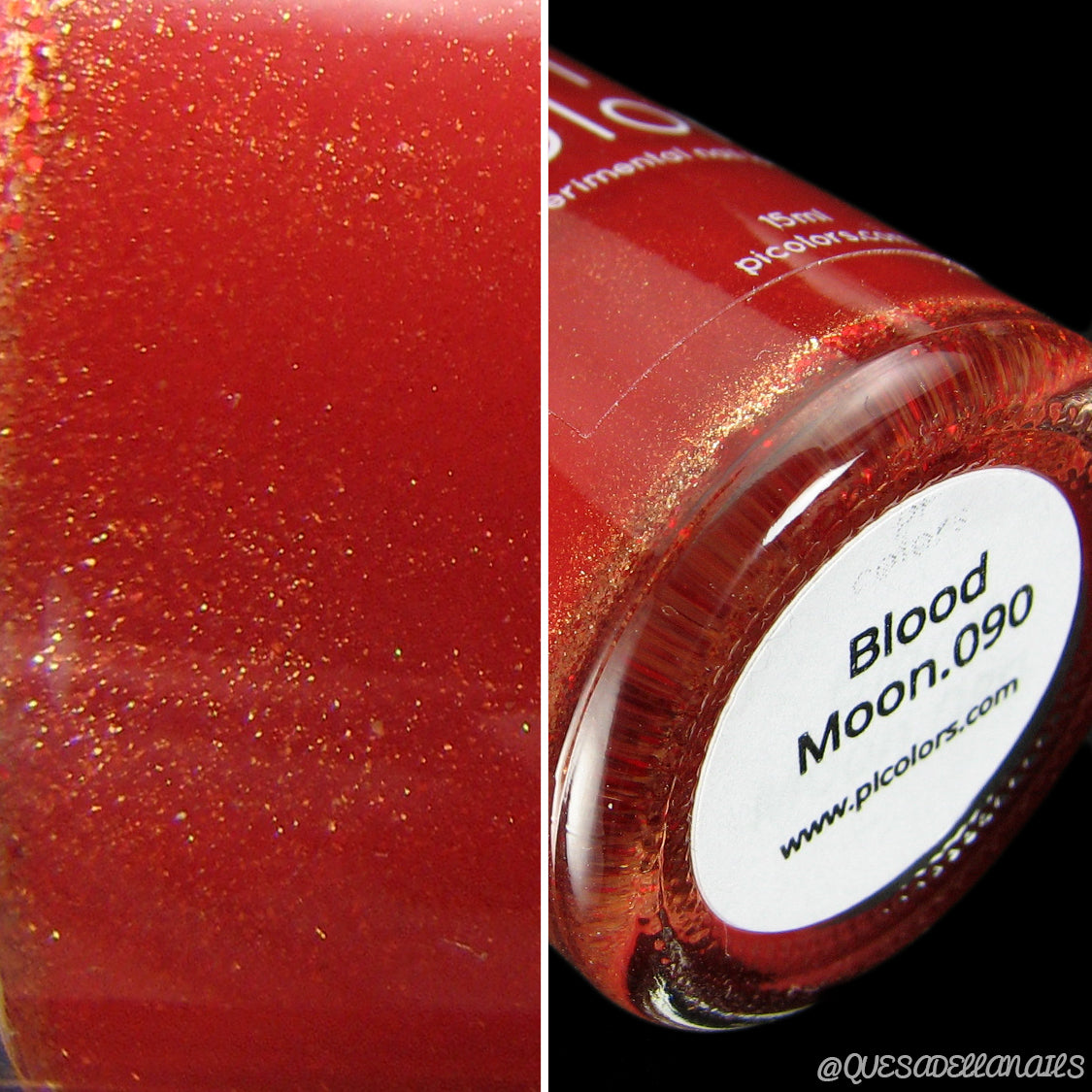 A close-up of a luxury nail lacquer bottle showcases a red hue with golden glitter, labeled as "Blood Moon.090 Red Nail Polish" by PI Colors. This 10-free polish is displayed in a split image, featuring its texture on the left and the elegant bottle on the right.