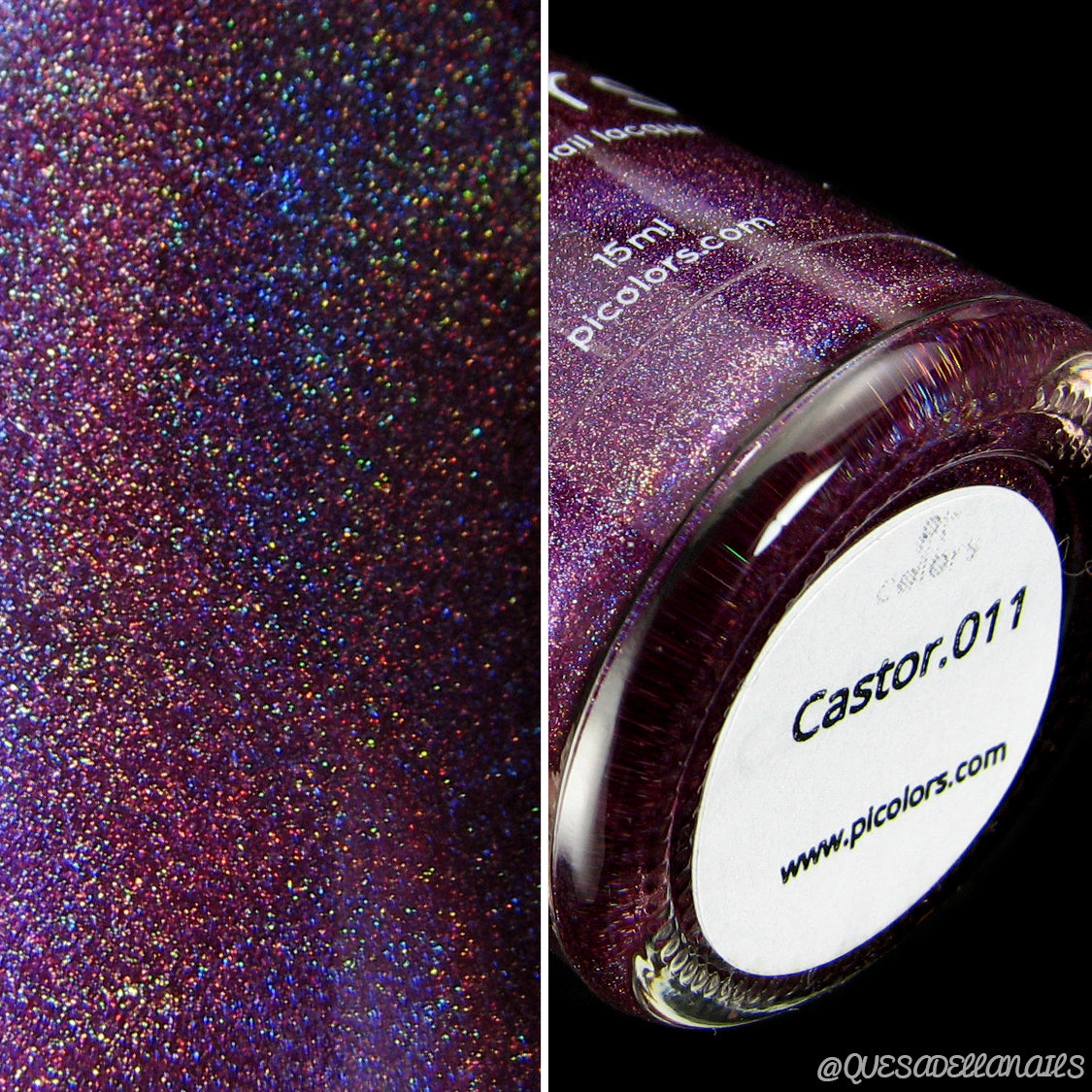 Close-up of a purple holographic nail polish bottle labeled "Castor.011 Red Purple Nail Polish" from PI Colors. The left side highlights the shimmering, rainbow-infused surface atop a red purple base, while the right side showcases the bottom with the product label, emphasizing its 10-free formula.