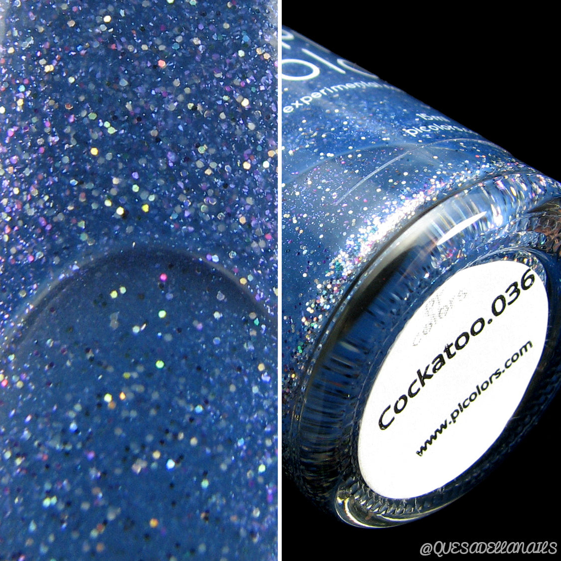 Close-up of PI Colors' Cockatoo.036 Blue Nail Polish bottle with fine glitter. The left side highlights the sparkling texture, while the right side showcases the label "Cockatoo.036" and a website link. This luxury nail lacquer adds a touch of thermal color-changing magic to enhance your manicure experience.