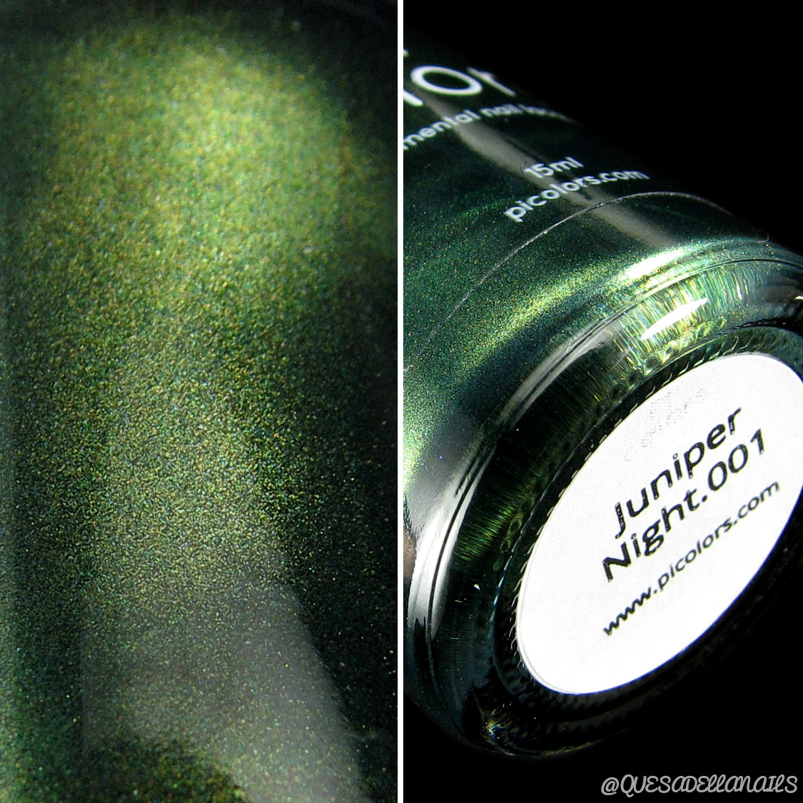 A close-up shot reveals a bottle of PI Colors' Juniper Night.001 Green Nail Polish. The left side of the bottle showcases a gleaming, metallic forest green shimmer, while the right side includes the bottom label. This artisanal nail polish is proudly 10-free.