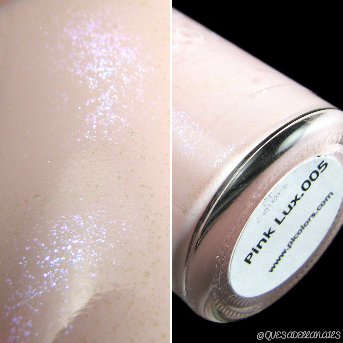 A close-up view of a pale pink shimmer creme nail polish bottle exuding subtle elegance features the label "Pink Lux.005." The image is divided into two sections, showcasing the Pink Lux.005 nail lacquer from PI Colors at different angles and lighting conditions.