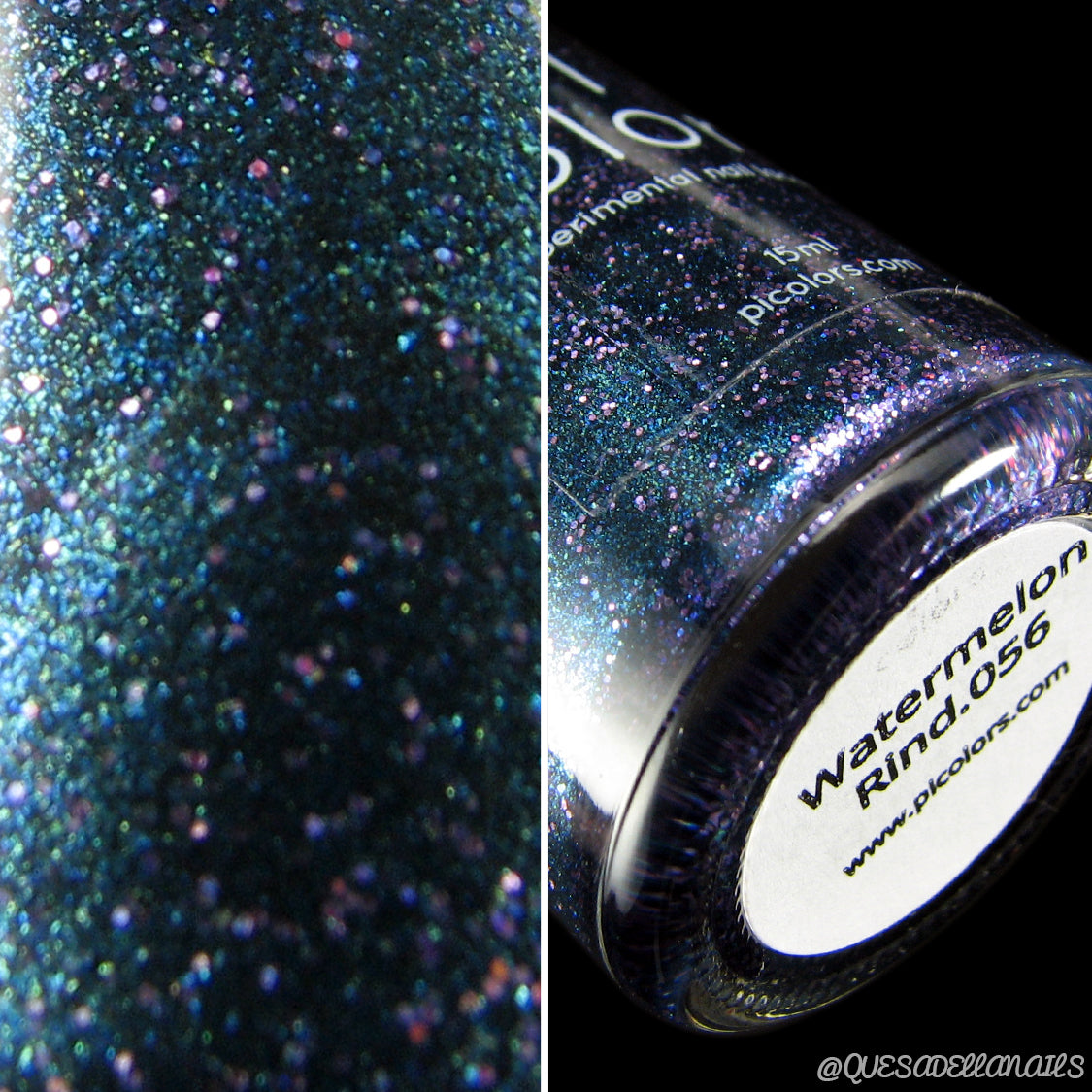 A close-up of a nail polish bottle labeled "Watermelon Rind.056" by PI Colors showcases a black polish with a deep, glittery texture. It features dark blue and purple hues, enhanced with holographic glitters for an enchanting sparkle.