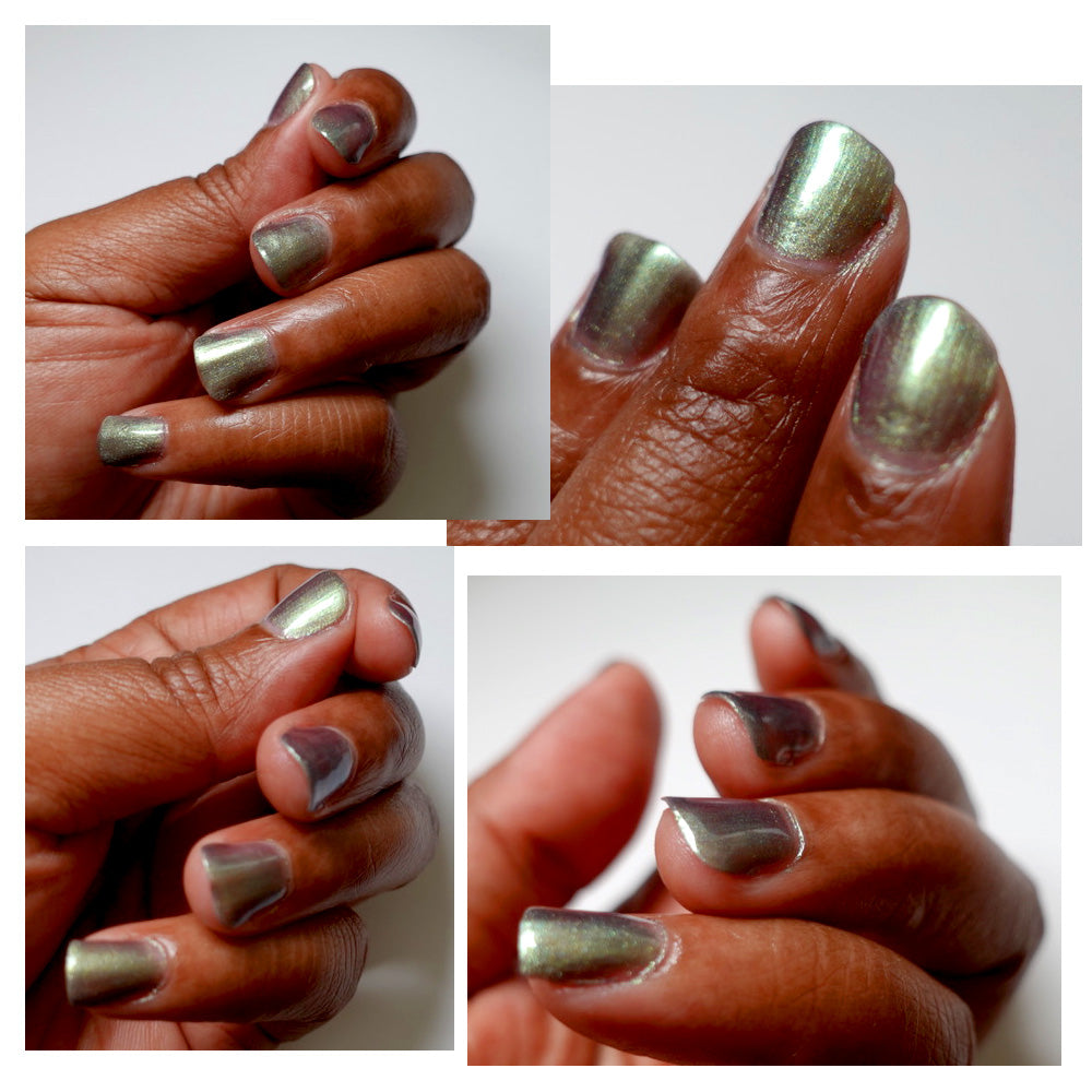 The image features a person's hand with short, well-manicured nails elegantly painted with PI Colors' Light/Forest.000 Green Nail Polish. This luxurious multi-chrome polish dazzles under different lighting conditions, shifting between mesmerizing green and silver tones. Four close-up angles capture the enchanting transitions of this stunning nail lacquer.