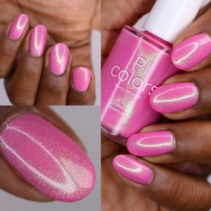 A collage shows dark-skinned hands wearing handmade Mint and Summer.100 polish by PI Colors: one close-up highlights the colorshifting shimmer, another displays all nails, and a third features the labeled bottle beside painted nails.
