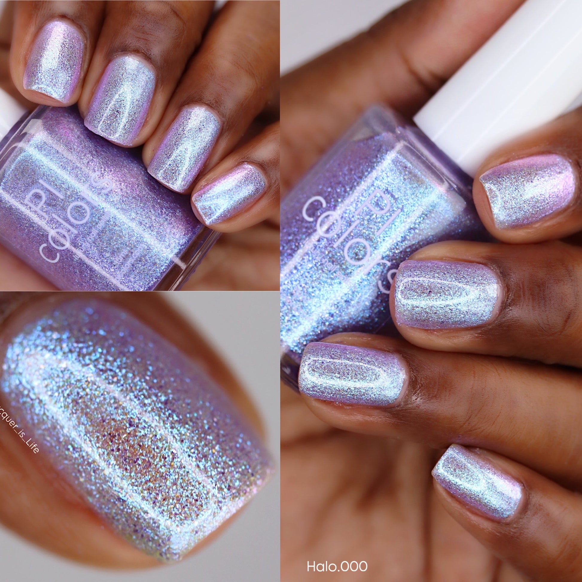 A collage showing a hand with iridescent lavender-blue nail polish, a close-up of the nail polish bottle, and a nail swatch. The text 'Color: Halo.