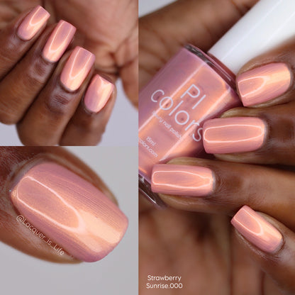 Collage of a hand with pink nail polish, a bottle of pink nail polish, and close-up shots of pink nails.
