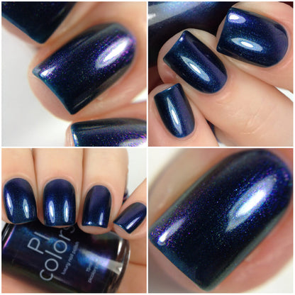 A close-up collage of hands showcases the deep blue nail polish "Judge None Choose One.000" by PI Colors, featuring a glossy, multichrome finish with subtle shimmer effects. The nails reflect light beautifully, highlighting the polish's iridescence and smooth application while evoking a touch of 90s nostalgia.