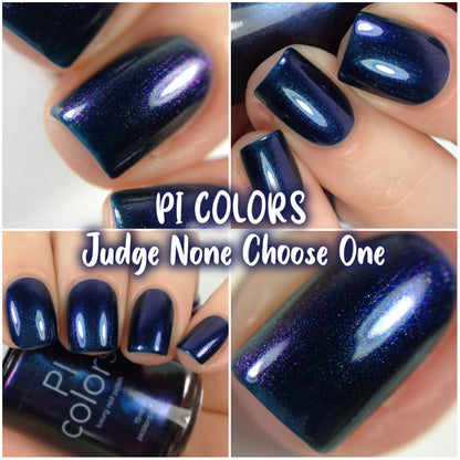 A collage of close-up images displays a deep blue nail polish with a shimmery multichrome finish. The label reads "Judge None Choose One.000" from PI Colors. Each nail is meticulously painted with a glossy shine, capturing the radiant style reminiscent of the 90s.