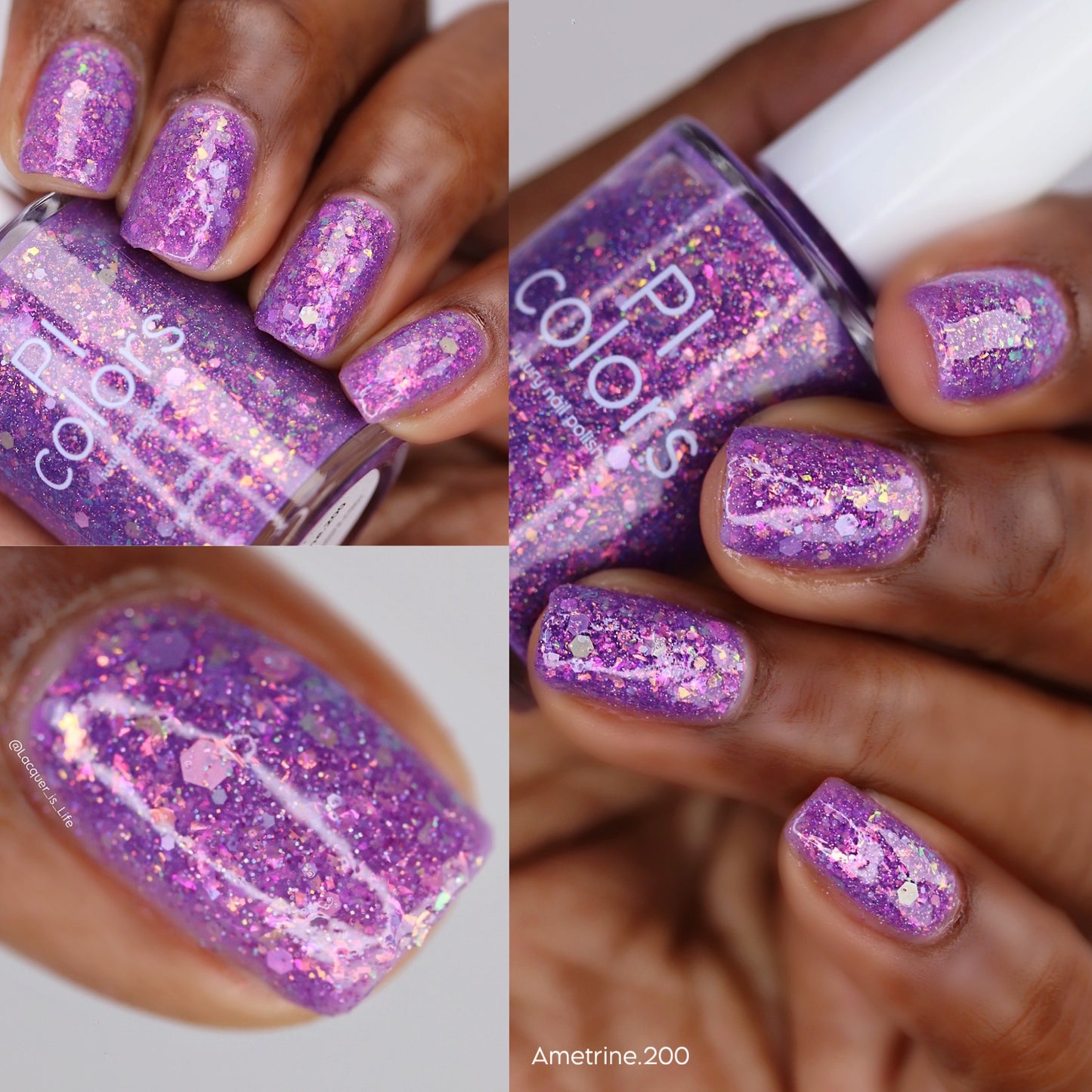 Purple nail polish with iridescent rainbow flakies and holo glitter by PI Colors