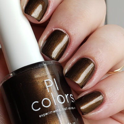 Close-up of a hand with neatly manicured nails painted in a shimmery dark chocolate brown polish. The luxury nail lacquer bottle, labeled "PI Colors Eclair.001 Brown Nail Polish," is held between the fingers. The nails and bottle are sharply in focus.