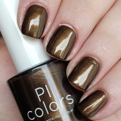 A close-up features a hand with short, square-shaped nails adorned in the deep, dark chocolate hue of "Eclair.001 Brown Nail Polish." The elegant bottle of PI Colors is held gracefully, complementing the nails flawlessly. The lighting accentuates the glossy finish and exquisite handmade craftsmanship.
