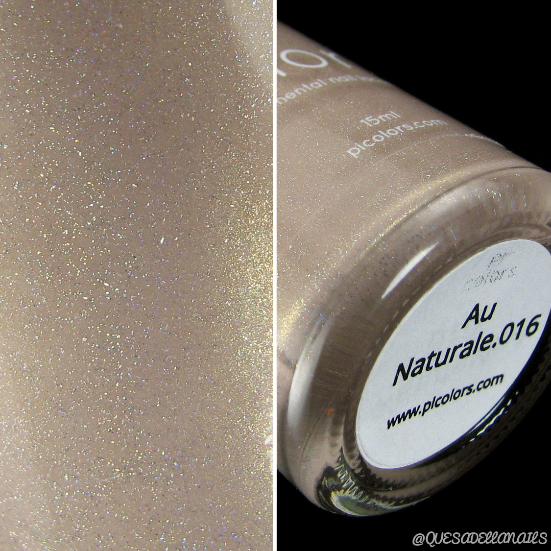 Close-up image of a luxury nail lacquer bottle. The left side features a detailed view of the shimmery beige polish, while the right side displays the bottle labeled "AuNaturale.016 Nude Nail Polish" by PI Colors, with the website "plcolors.com" visible, offering elegant, 10-free nail polish for conscious beauty enthusiasts.