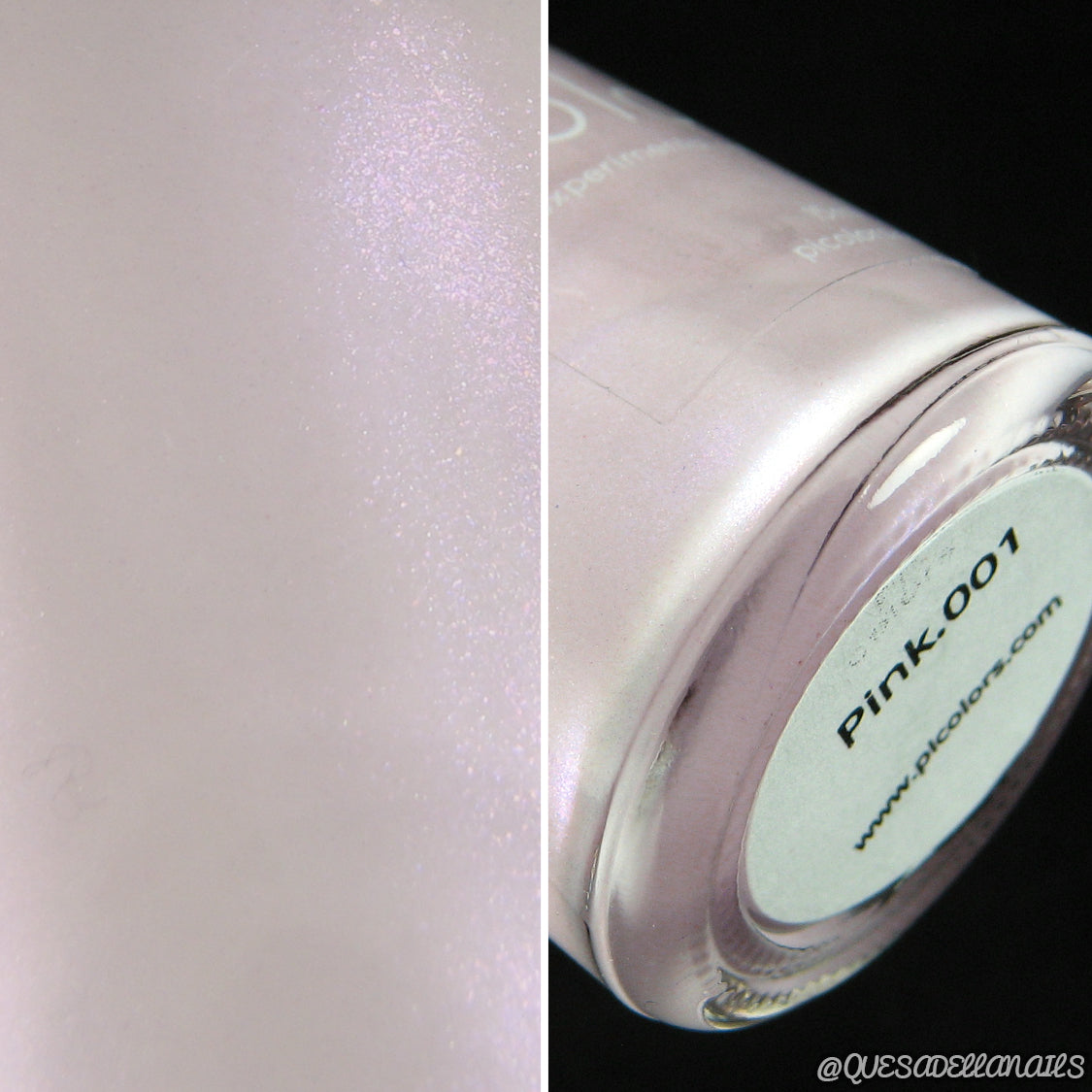 Close-up of a luxurious PI Colors Pink.001 nail lacquer bottle. The image is split; the left side displays a shimmering pale pink polish texture, while the right side focuses on the bottom of the bottle with the "Pink.001" label clearly visible.