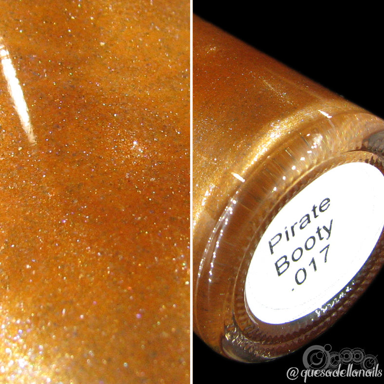 Close-up of PI Colors' Luxury Nail Lacquer "Pirate Booty.017" showcasing its holographic glitter. The image is split: on the left, a detailed view of the shimmering polish texture, and on the right, the base of the bottle with its label prominently displayed.