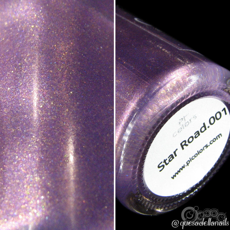 Close-up of a chrome purple polish bottle by PI Colors, called "Star Road.001," featuring shimmering particles. The left side highlights the polish's glittery texture, while the right displays the bottle base with its label. Enjoy luxurious nail lacquers that are also 10-free for a chic and environmentally-conscious choice.