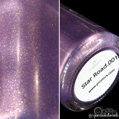 Close-up of a chrome purple polish bottle by PI Colors, called "Star Road.001," featuring shimmering particles. The left side highlights the polish's glittery texture, while the right displays the bottle base with its label. Enjoy luxurious nail lacquers that are also 10-free for a chic and environmentally-conscious choice.