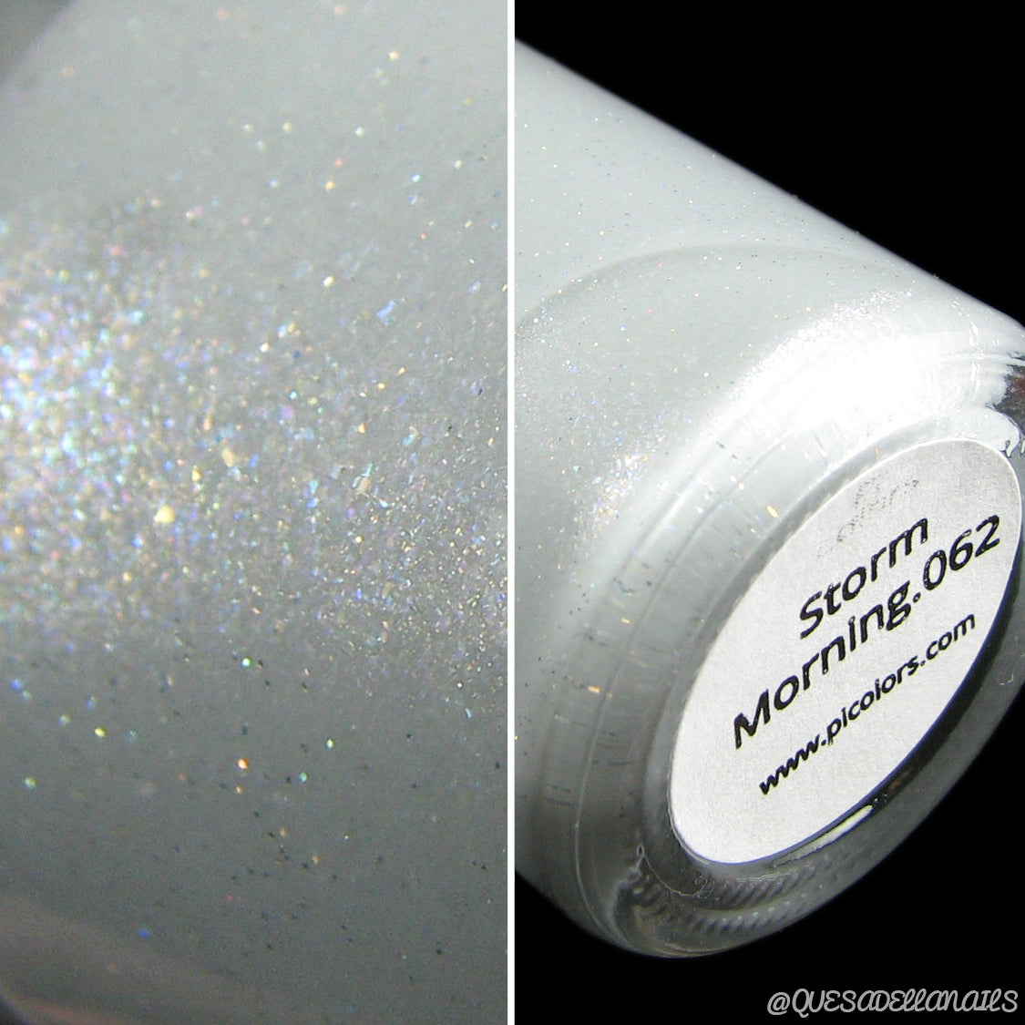 Close-up of a luxury nail lacquer bottle from PI Colors, labeled "Storm Morning.062" in a blue-gray shade. The left side highlights the polish's shimmery, holographic glitter detail, showcasing its intricate design.