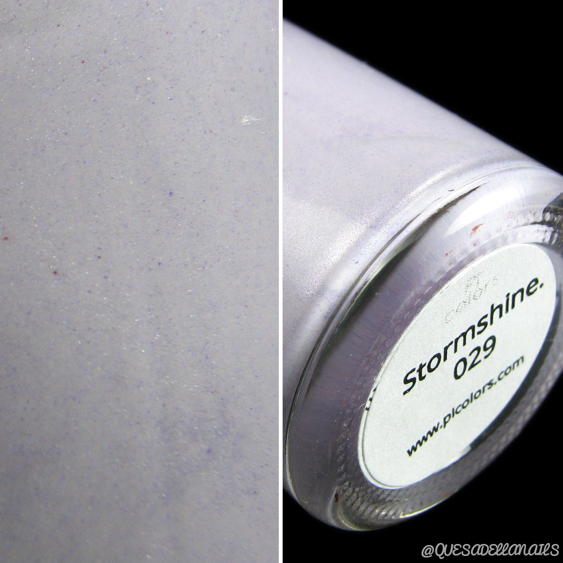 A close-up of a satin creme lilac purple nail polish bottle showcases its luxurious texture on the left side, and reveals the bottom of the bottle with a label that reads "Stormshine.029" by PI Colors on the right.