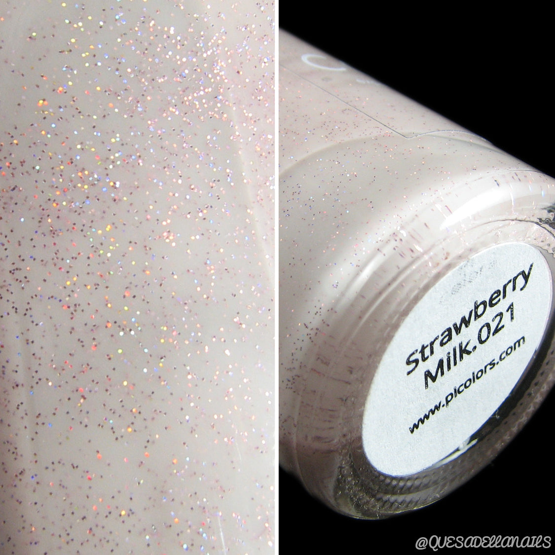 Close-up of a luxury nail lacquer bottle labeled "Strawberry Milk.021" from PI Colors. The polish is a light milky pink with fine holographic glitter, and the left side highlights the detailed, glittery texture.