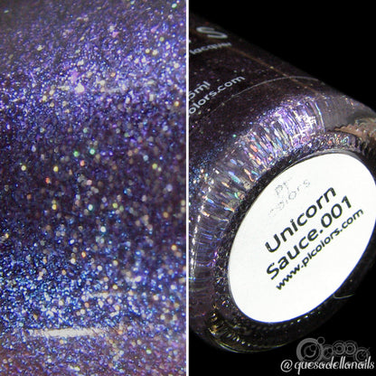 Close-up of a glitter nail polish bottle featuring a purple, holographic texture on the left. The right side displays the base labeled "Unicorn Sauce.001," showcasing PI Colors' dedication to handmade nail polish artistry.