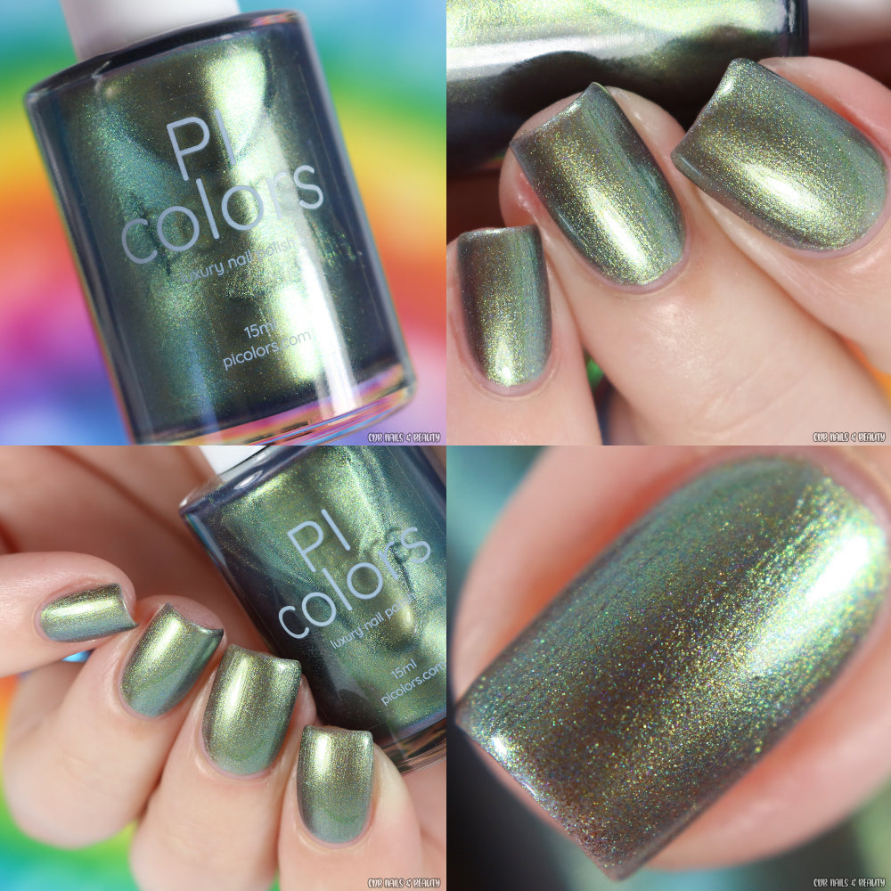 A collection of four images highlights PI Colors' Light/Forest.000 Green Nail Polish, featuring a shimmering shade of green. The visuals include the bottle, close-up shots of nails adorned with the polish, and a detailed view emphasizing the lacquer's metallic sheen.