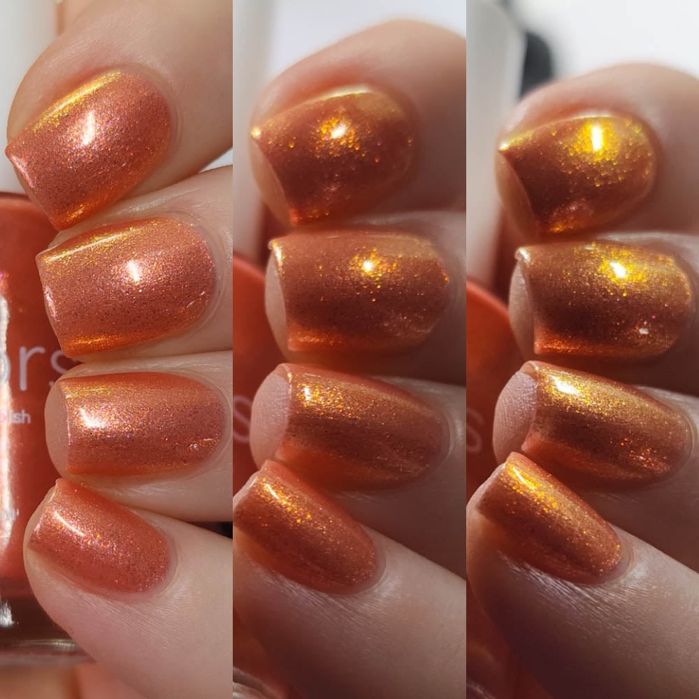 Close-up image of a hand with nails painted in PI Colors' Alstroemeria.000, a shimmery orange polish. These luxury nail lacquers exhibit a glossy finish with subtle gold and copper tones, showcased from various angles to emphasize the shine.