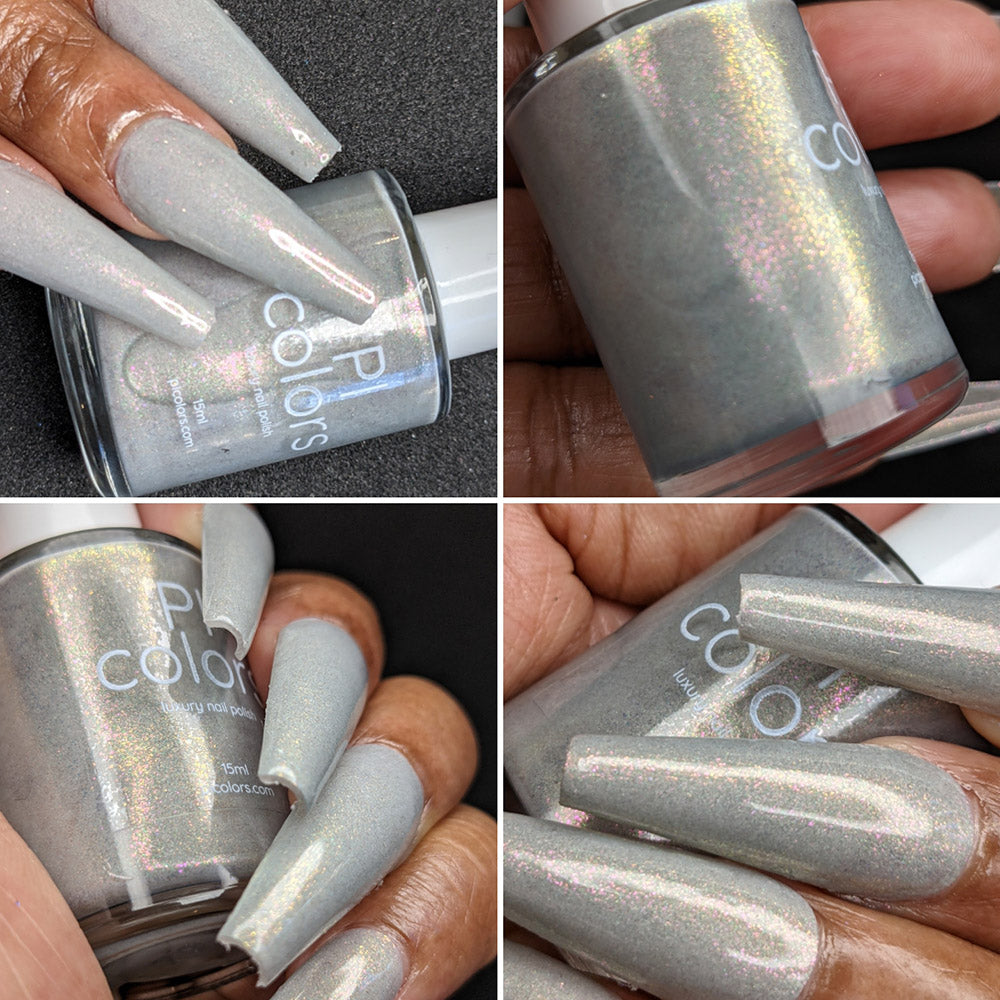 A collage of four images showcases hands with long nails painted in PI Colors' ToW.001 Taupe Nail Polish, featuring a shimmering aurora finish. Each image captures the nails from different angles, while a bottle of this reflective 10-free nail polish is prominently displayed in one corner.