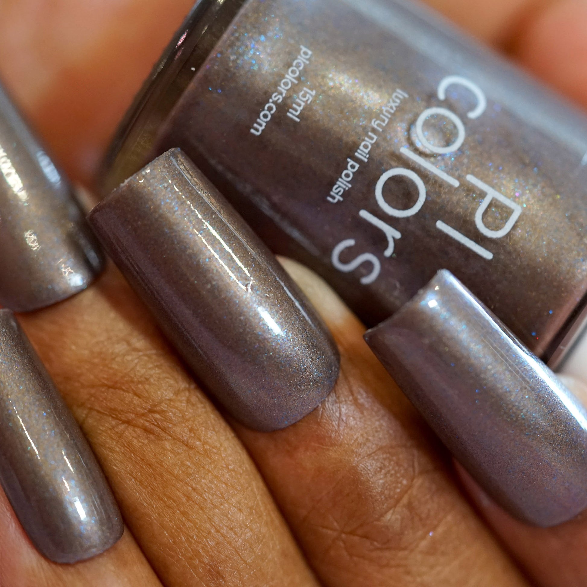 Close-up of a hand with long fingernails painted in a shiny metallic gray polish. The nail polish bottle, labeled "Woodland Night.006 Brown Nail Polish," is held between the fingers, showcasing the luxurious handmade nail lacquers by PI Colors. The nails have a glossy finish.