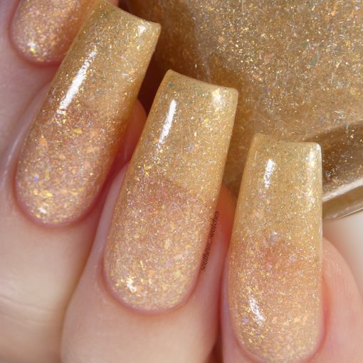 Honey Bee.060 Clear Gold Nail Polish Topper with Iridescent Orange/Pink/Gold Flakies