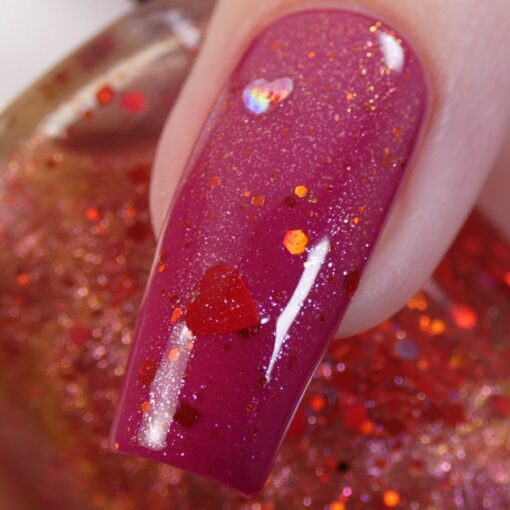 Strawberry Heart.208 Nail Polish Topper with Red/Gold Shimmer and Heart Glitter by PI Colors Over Berry Polish