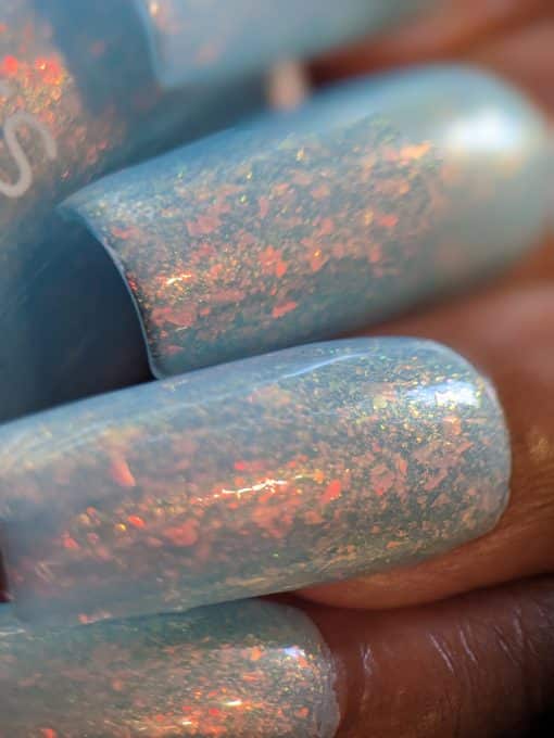 Paradise Blue.000 Pale Blue Nail Polish with Iridescent Red Gold Green Flakies by PI Colors